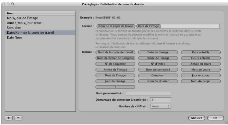 APPLE APERTURE 2.1.1 - Pour créer un préréglage de nom de dossier personnalisé : - 1