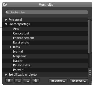 APPLE APERTURE 2.1.1 - Pour retrouver un mot-clé à l'aide de la palette de mots-clés : - 1