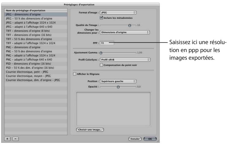 APPLE APERTURE 2.1.1 - Pour spécifier dans un préréglage d'exportation la résolution en ppp des images exportées : - 1