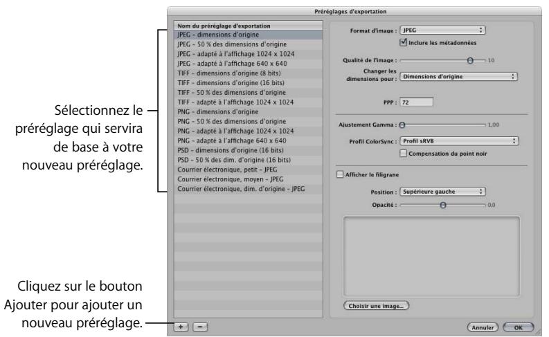 APPLE APERTURE 2.1.1 - Pour créer un nouveau préréglage d'exportation : - 1