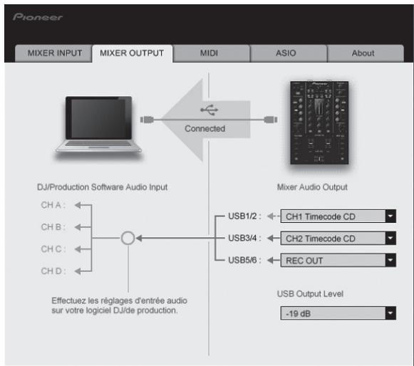 PIONEER DJM-T1 - Réglage de la source des données audio transmises de cet appareil à l'ordinateur - 1