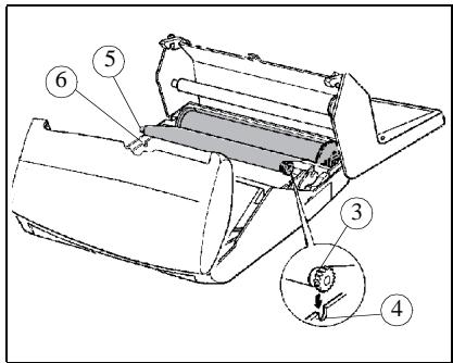 Technical diagram of a printer with numbered parts labeled 3, 4, 5, and an inset showing a mechanical component.