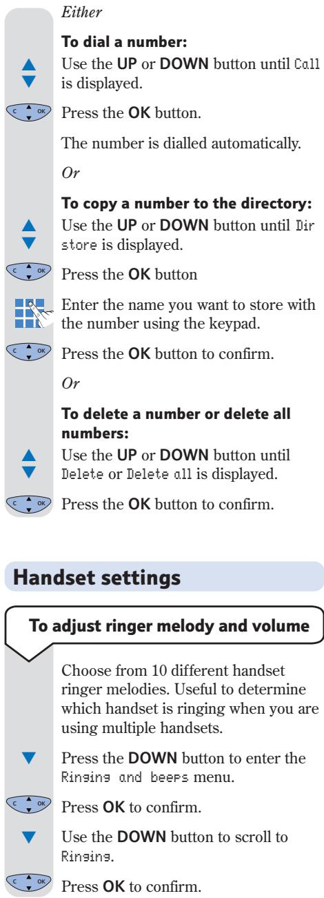 SAGEM WP 12-33 SMS - To delete, copy or dial numbers in the calls or redial list - 2