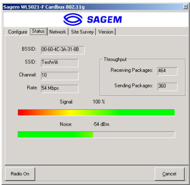 SAGEM WPCB-128GW PCMCIA CARD - Status field on the Status Menu of the WLAN utility - 1