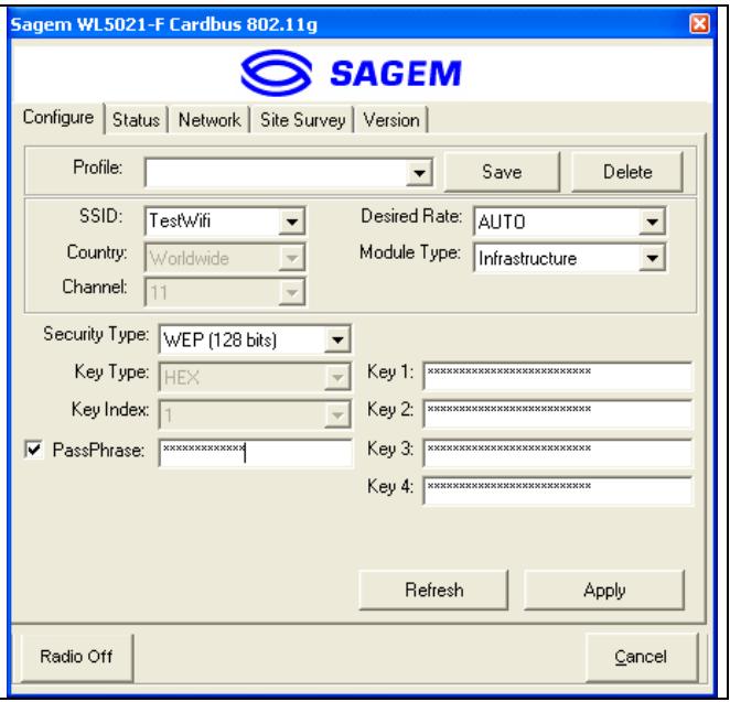 SAGEM WPCB-128GW PCMCIA CARD - Create Encryption Keys by Using a "Passphrase" - 1