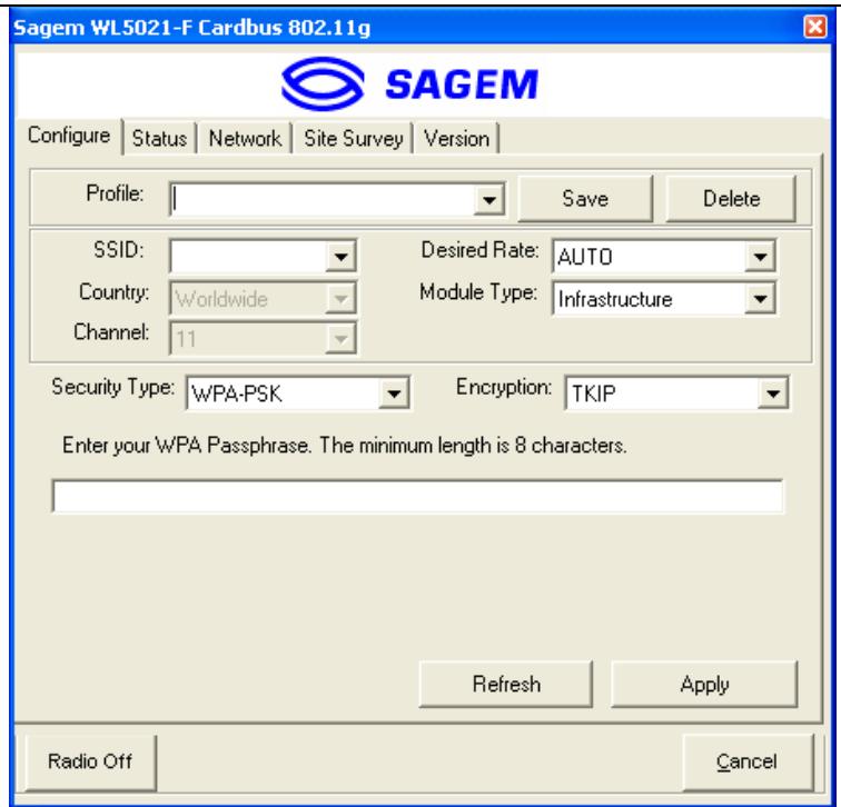 SAGEM WPCB-128GW PCMCIA CARD - 2.2) WPA-PSK / TKIP encryption: - 1