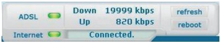 ADSL Down 19999 kbps Up 820 kbps refresh reboot Internet Connected.
