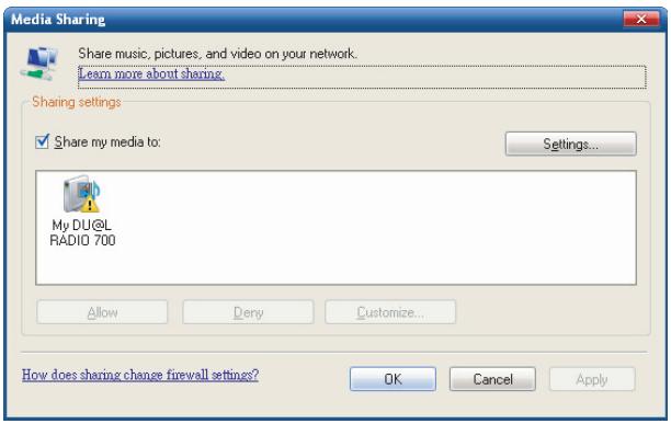 SAGEM MY DU@L RADIO 700 - Step 5: Share the WMP11 media library. - 4