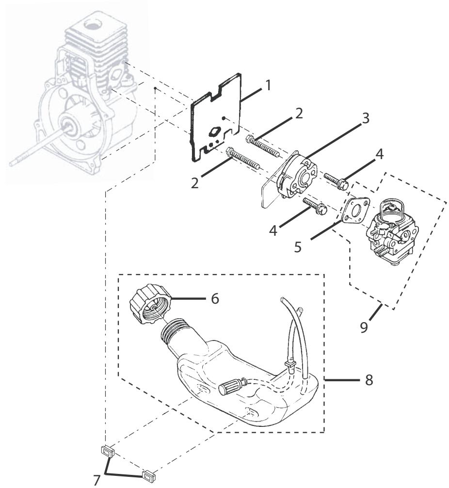 Technical diagram of a mechanical assembly with numbered parts, including a 3D model and detailed exploded view.