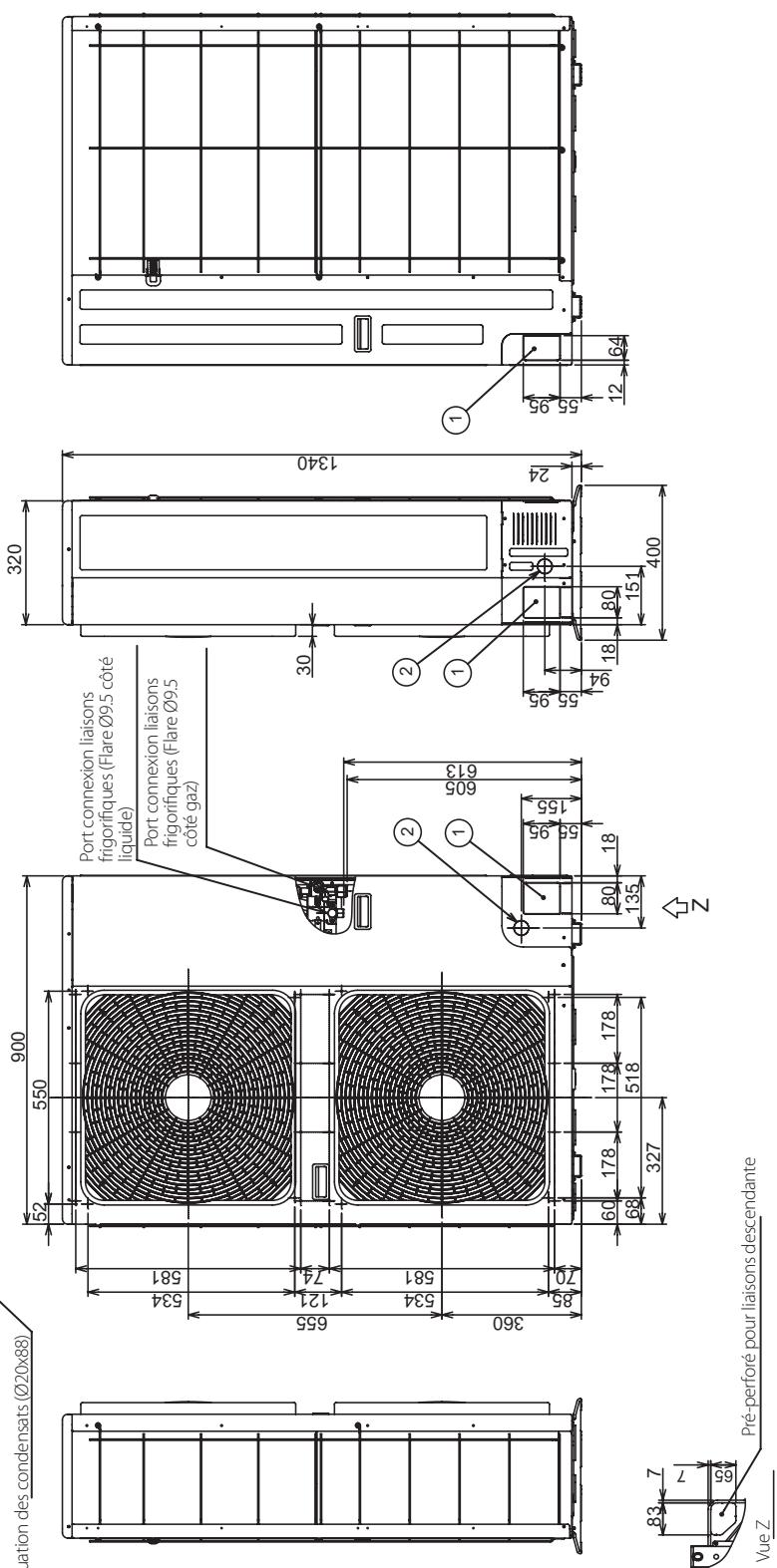 Ratuation des condensats (∅20x88) 900 52 550 534 581 655 121 74 534 581 360 85 70 60 178 178 178 68 518 327 Z Port connexion liaisons frigorifiques (Flare Ø9.5 côté liquide) Port connexion liaisons frigorifiques (Flare Ø9.5 côté gaz) 320 30 605 613 155 135 80 18 2 1 2 1 55 95 94 18 80 151 400 24 1340 ① ② Vue Z Pré-perforé pour liaisons descendante