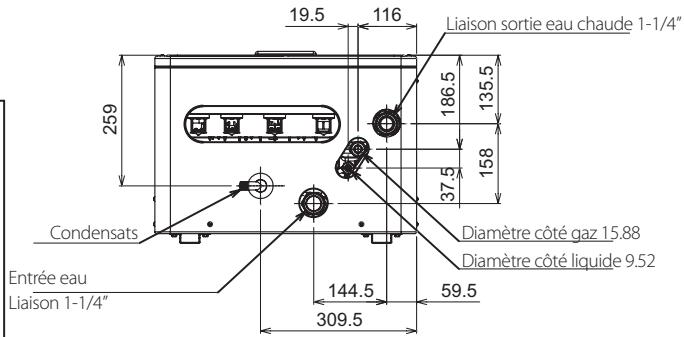 19.5 116 Liaison sortie eau chaude 1-1/4" 259 186.5 135.5 158 37.5 309.5 Condensats Diamètre côté gaz 15.88 Diamètre côté liquide 9.52 Entrée eau Liaison 1-1/4" 144.5 59.5