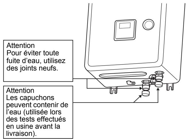 Attention Pour éviter toute fuite d'eau, utilisez des joints neufs. Attention Les capuchons peuvent contenir de l'eau (utilisée lors des tests effectués en usine avant la livraison).