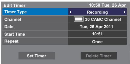 Edit Timer 10:50 Tue, 26 Apr Timer Type Recording Channel 30 CABC Channel Date Tue, 26 Apr 2011 Start Time 10:51 Repeat Once Set Timer Delete Timer