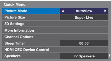 Quick Menu Picture Mode AutoView Picture Size Super Live 3D Settings More Information Channel Options Sleep Timer 00:00 HDMI CEC Device Control Speakers TV Speakers