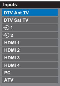 Inputs DTV Ant TV DTV Sat TV 1 2 HDMI 1 HDMI 2 HDMI 3 HDMI 4 PC ATV