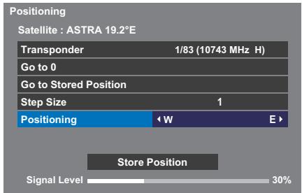 Positioning Satellite : ASTRA 19.2°E Transponder 1/83 (10743 MHz H) Go to 0 Go to Stored Position Step Size 1 Positioning < W E > Store Position Signal Level 30%