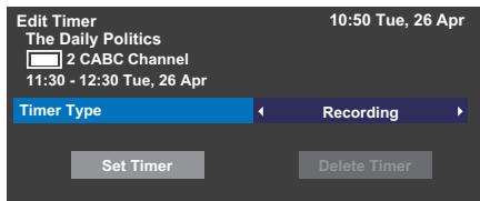 Edit Timer The Daily Politics 2 CABC Channel 11:30 - 12:30 Tue, 26 Apr Timer Type Recording Set Timer Delete Timer 10:50 Tue, 26 Apr