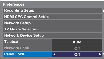 Preferences Recording Setup HDMI CEC Control Setup Network Setup TV Guide Selection Network Device Setup Teletext Auto Network Lock Off Panel Lock Off