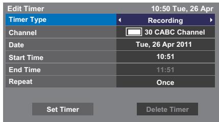 Edit Timer 10:50 Tue, 26 Apr Timer Type Recording Channel 30 CABC Channel Date Tue, 26 Apr 2011 Start Time 10:51 End Time 11:51 Repeat Once Set Timer Delete Timer