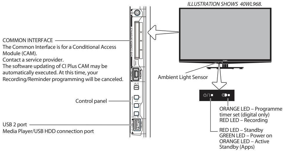 COMMON INTERFACE The Common Interface is for a Conditional Access Module (CAM). Contact a service provider. The software updating of CI Plus CAM may be automatically executed. At this time, your Recording/Reminder programming will be canceled. Control panel USB 2 port Media Player/USB HDD connection port ILLUSTRATION SHOWS 40WL968. Ambient Light Sensor ORANGE LED – Programme timer set (digital only) RED LED – Recording RED LED – Standby GREEN LED – Power on ORANGE LED – Active Standby (Apps)