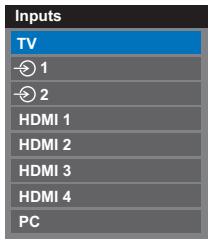 Inputs TV 1 2 HDMI 1 HDMI 2 HDMI 3 HDMI 4 PC