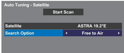 Auto Tuning - Satellite Start Scan Satellite ASTRA 19.2°E Search Option ← Free to Air ►