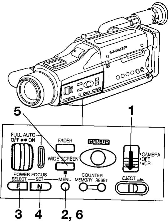 5 FULL AUTO OFF ON POWER FOCUS SELECT SET F N FADER WIDE SCREEN MENU GAIN-UP COUNTER MEMORY RESET EJECT 1 * CAMERA OFF VCR 2, 6