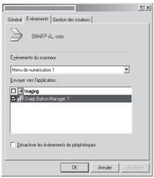 General Étérêments | Section des couleurs SHARP AL-vox Étélement du scaveur Menu de manubation 1 Envey vers l'application: Imaging é térêment d'Auté Manager 1 Délàctive les étérêments de périphiques OK Cancel Export