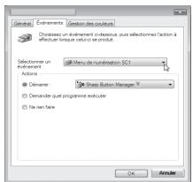 Options Établements Production des produits Choissée un établément d'e-dessus, puis sélectionmes l'action à effectuer lorsque celui se produit. Selectorner un établément Actions Délimane: ■ Shap Button Manager Y ■ Demander quel programme exécuter ■ Na rien faire OK Amuse