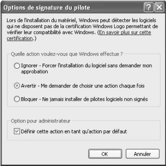 Options de signature du pilote Lors de l'installation du matériel. Windows peut détecter les logiciels qui ne disposent pas de la certification Windows Logo permettant de vérifier leur compatibilité avec Windows. (En savoir plus sur cette certification.) Quelle action voulez-vous que Windows effectue ? ○ Ignorer - Forcer l'installation du logiciel sans demander mon approbation ○ Avertir - Me demander de choisir une action chaque fois ○ Bloquer - Ne jamais installer de pilotes logiciels non signés Option pour administrateur ✓ Définir cette action en tant qu'action par défaut OK Annuler
