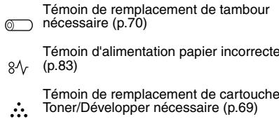 Témoin de remplacement de tambour nécessaire (p.70) Témoin d'alimentation papier incorrecte (p.83) Témoin de remplacement de cartouche Toner/Développer nécessaire (p.69)