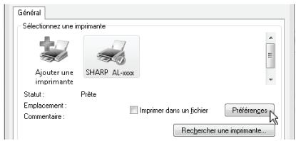 Général Sélectionnez une imprimante Ajouter une imprimante SHARP AL-xxx Statut : Prête Emplacement : Imprimer dans un fichier Commentaire : Préférences Rechercher une imprimante...