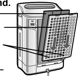 SHARP KC-840E - Setzen Sie die beiden unteren Laschen der Rückwand (links und rechts) in die kleinen Öffnungen des Geräts ein und schieben Sie den auswaschbaren Desodorierungsfilter zwischen den HEPA-Filter und die Rückwand. - 1