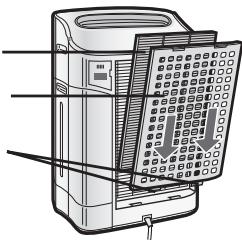 SHARP KC-840E - Inserire le due linguette inferiori (destra e sinistra) del pannello posteriore nelle piccole fessure presenti sull'apparecchio e far scorrere il filtro deodorante lavabile tra il filtro HEPA e il pannello posteriore. - 1