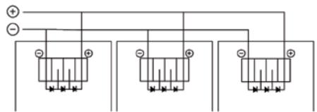 Electrical circuit diagram showing three parallel branches with labeled terminals and connection points