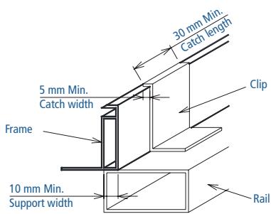30 mm Min. Catch length 5 mm Min. Catch width Frame Clip 10 mm Min. Support width Rail