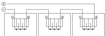 Electrical circuit diagram showing three identical bridge configurations with diodes and power supply connections