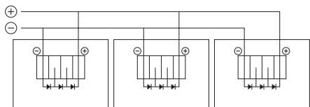 Electrical circuit diagram showing three identical bridge configurations with diodes and ground connections