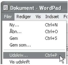 Dokument - WordPad Filer Rediger Vis Indsæt Fc Ny... Ctrl+N Åbn... Ctrl+O Gem Ctrl+S Gem som... Udskriv... Ctrl+P Vis udskrift