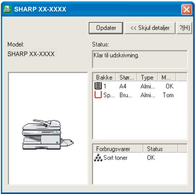 SHARP XX-XXXX Model: SHARP XX-XXXX Status: Klar til udskrivning. Bakke Stør... Type M... 1 A4 Almi... OK Sp... Bru... Almi... Tom Forbrugsvarer Status Sort toner OK