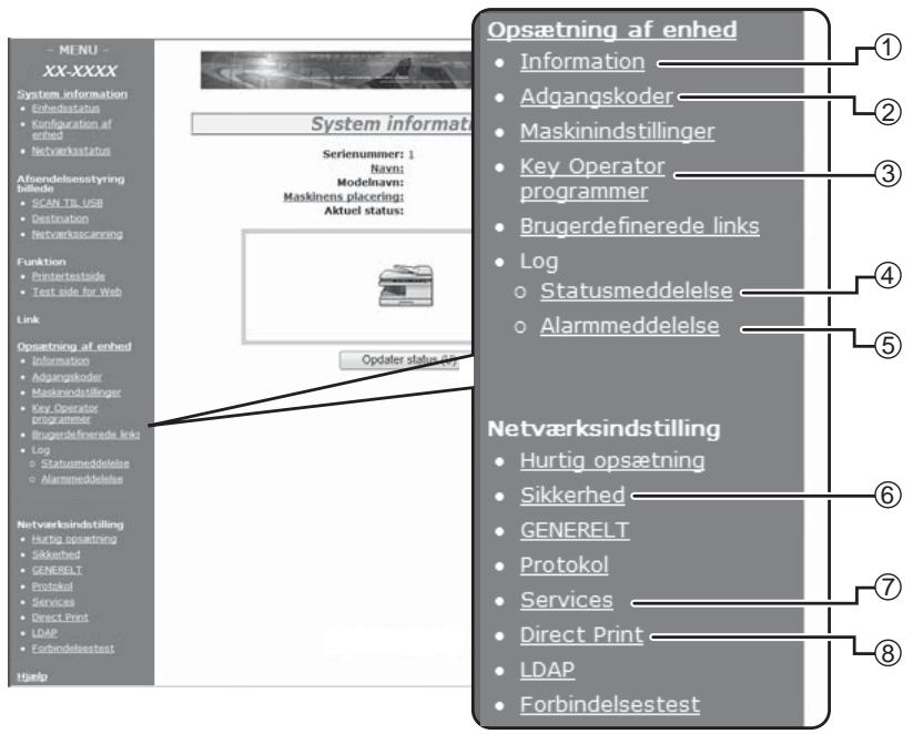 MENU XX-XXXX System information • Enhedsstatus • Configuration af enhed • Netværksstatus Afsendelsanstyring biliede • SCAN TIL USB • Distrubtion • Netverkasscanning Funktion • Exterterstandie • Text side for Web Link Opsætning af enhed • Information • Adgangskoder • Maskinindstillinger • Key Operator programmer • Brugerdefinerede links • Log ○ Statusmeddelelse ○ Alarmmeddelelse Netværksindstilling • Hurtig opsætning • Sikkerhed • GENERELT • Protokol • Services • Direct Print • LDAP • Forbindelsestest Help System informat: Serienummer: 1 Navir: Modelnavir: Maskinens placering: Aktuel status: Opdater status af Opsætning af enhed • Information • Adgangskoder • Maskinindstillinger • Key Operator programmer • Brugerdefinerede links • Log ○ Statusmeddelelse ○ Alarmmeddelelse Netværksindstilling • Hurtig opsætning • Sikkerhed • GENERELT • Protokol • Services • Direct Print • LDAP • Forbindelsestest