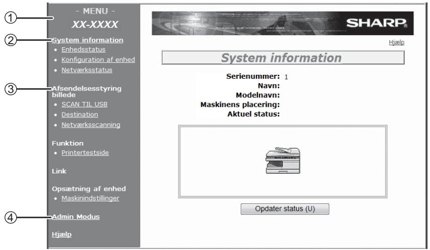 - MENU - XX-XXXX System information • Enhedsstatus • Konfiguration af enhed • Netværksstatus Afsendelsesstyring billede • SCAN TIL USB • Destination • Netværksscanning Funktion • Printertestside Link Opsætning af enhed • Maskinindstillinger Admin Modus Hjælp SHARP® Hjælp System information Serienummer: 1 Navn: Modelnavn: Maskinens placering: Aktuel status: Opdater status (U)
