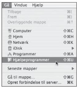Gå Vindue Hjælp Tilbage ⌘( ) Frem ⌘) Overliggende mappe ⌘↑ Computer ⌘C Hjem ⌘H Netværk ⌘K iDisk Programmer ⌘A Hjælpeprogrammer ⌘U Seneste mapper Gå til mappe... ⌘G Opret forbindelse til server... ⌘K