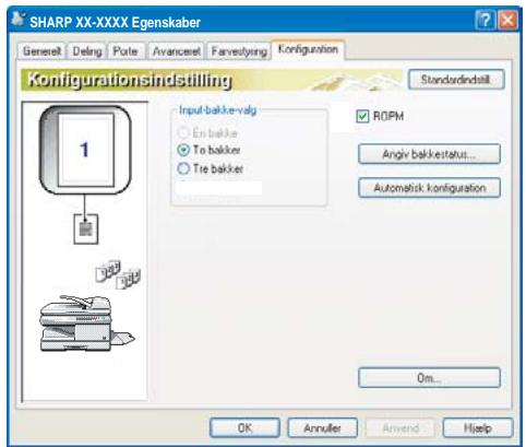 SHARP XX-XXXX Egenskaber General Deling Pole Avancereel Farrestyring Konfiguration Konfigurationsindstilling Standardindstilt Input bakke-valg En bakke To bakker Tre bakker ROPM Angiv bakke-status... Automatisk konfiguration Om... OK Annulier Anwend Help