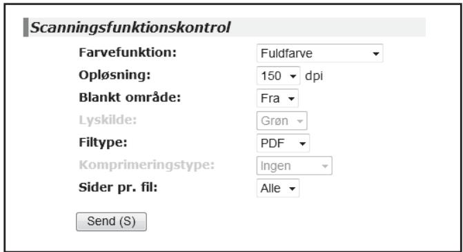 Scanningsfunktionskontrol Farvefunktion: Fuldfarve Opløsning: 150 dpi Blankt område: Fra Lyskilde: Grøn Filtype: PDF Komprimeringstype: Ingen Sider pr. fil: Alle Send (S)