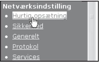 Netværksindstilling • Hurtig opsætning • Sikkered • Generelt • Protokol • Services