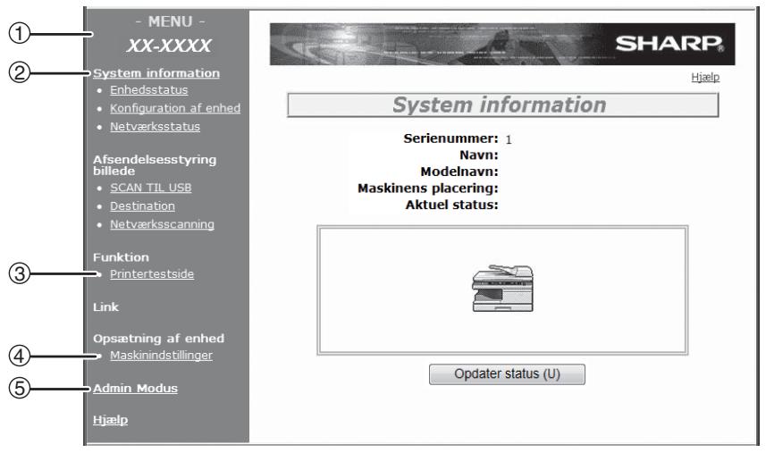 - MENU - XX-XXXX System information • Enhedsstatus • Konfiguration af enhed • Netværksstatus Afsendelsesstyring billede • SCAN TIL USB • Destination • Netværksscanning Funktion Printertestside Link Opsætning af enhed Maskinindstillinger Admin Modus Hjælp SHARP® Hjælp System information Serienummer: 1 Navn: Modelnavn: Maskinens placering: Aktuel status: Opdater status (U)