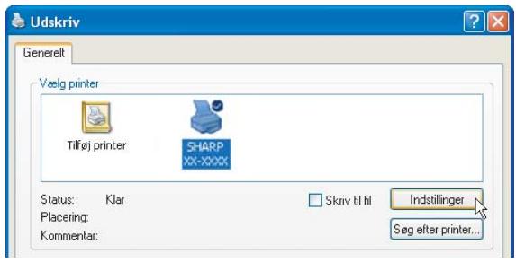 Udskriv Generelt Vælg printer Tilføj printer SHARP Status: Klar Placering: Kommentar: Skriv til fil Indstillinger Søg efter printer...
