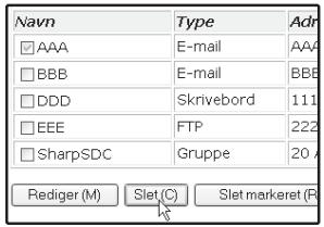 Navn AAA BBB DDD EEE SharpSDC Rediger (M) Slet(C) Slet markeret (R) Type E-mail E-mail Skrivebord FTP Gruppe Adn AAA BBB 111 222 20 A