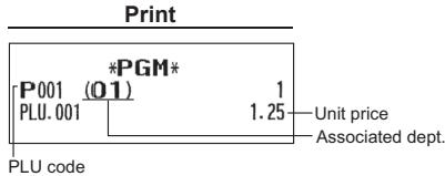 Print P001 (01) PLU. 001 *PGM* 1 1.25 Unit price Associated dept. PLU code